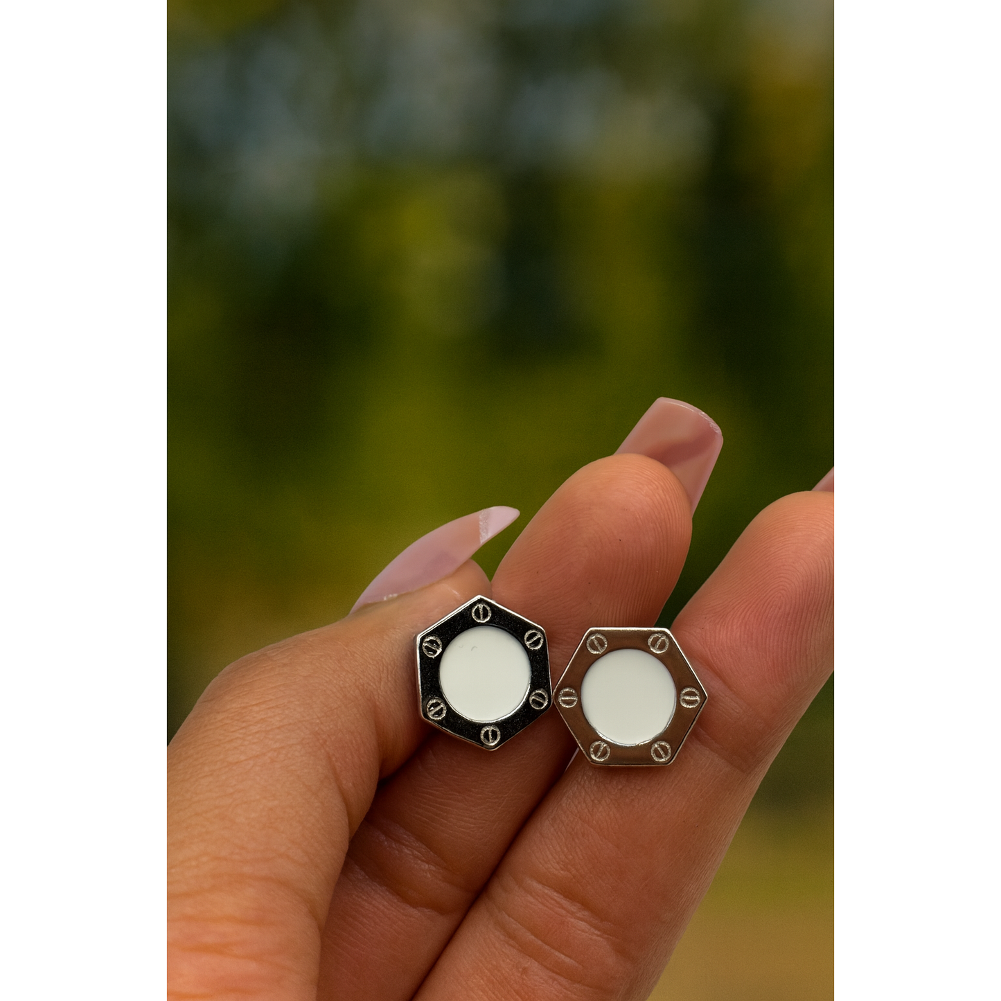 S925 Sterling Silver Hexagon Stud Earrings – White Enamel Accent ✨