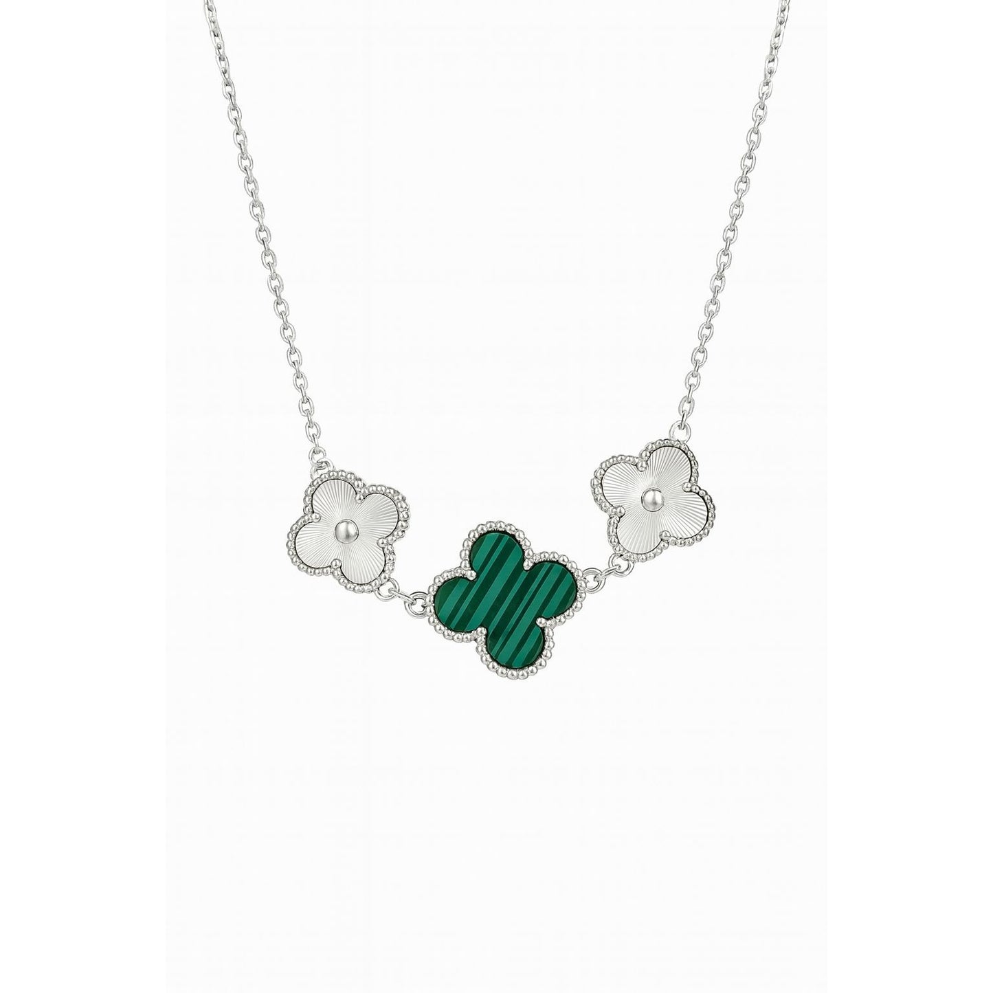 π Premium Pure Silver 925 Clover Necklace with Malachite & Floral Design β¨