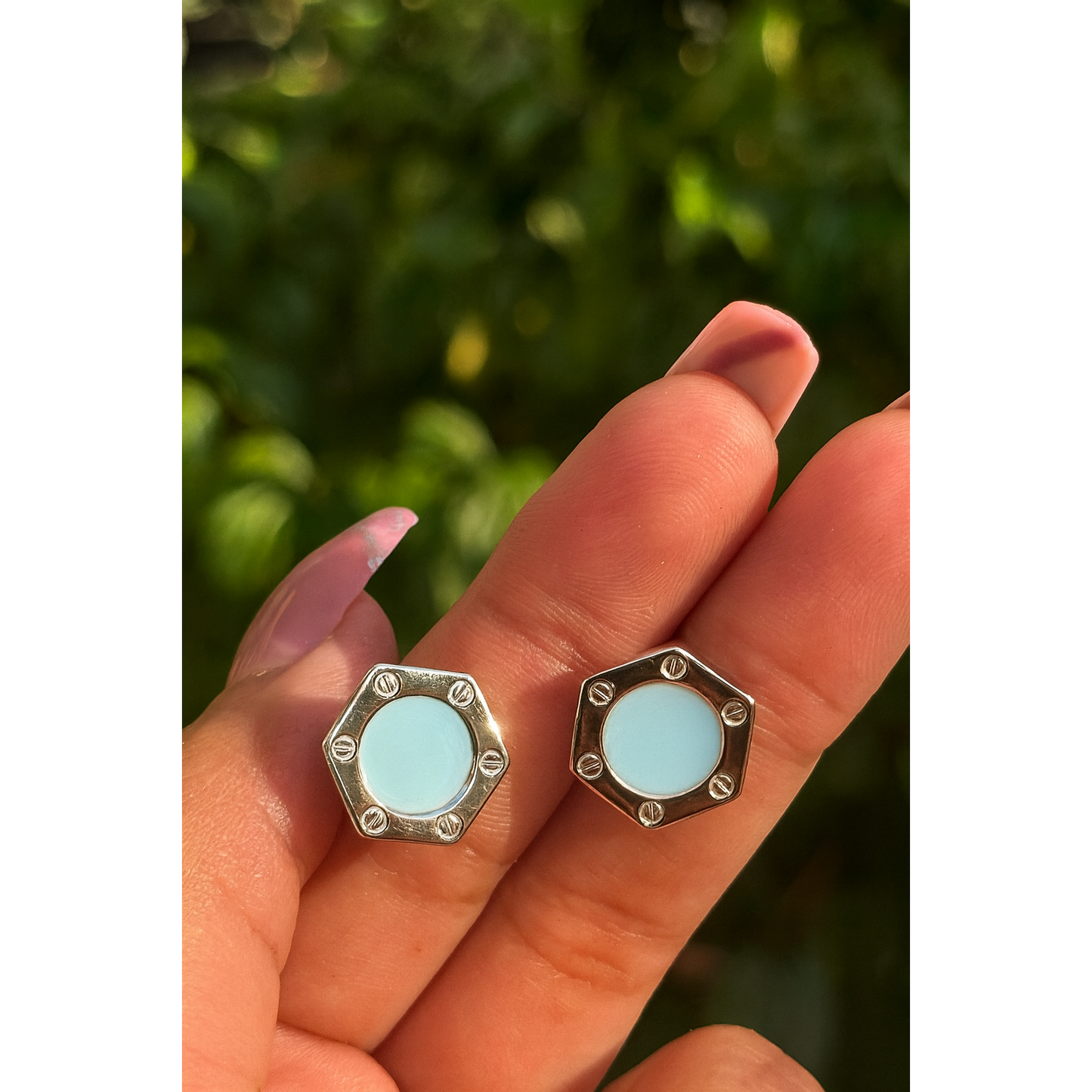 S925 Sterling Silver Hexagon Stud Earrings – blue Enamel Accent ✨