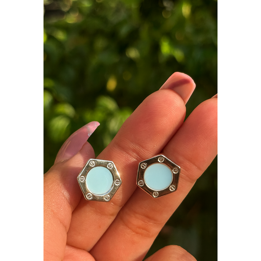 S925 Sterling Silver Hexagon Stud Earrings – blue Enamel Accent ✨