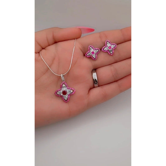 🌸 Silver Floral Pendant Set – Pink & White Zircon Necklace & Earrings 💖