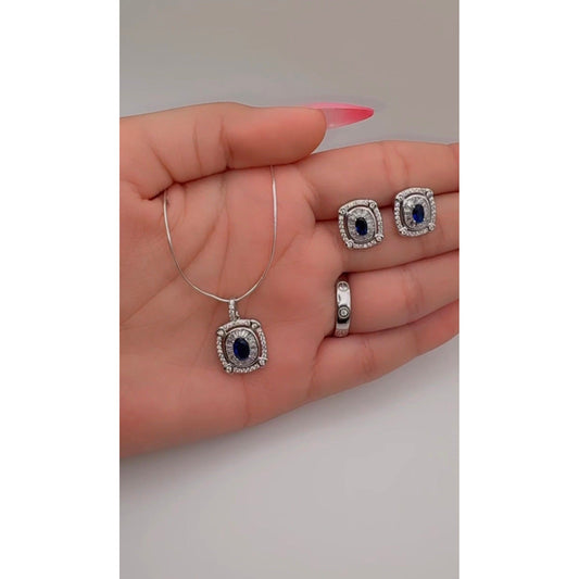 💎 Elegant Silver Pendant Set – Blue Sapphire Necklace & Earrings ✨