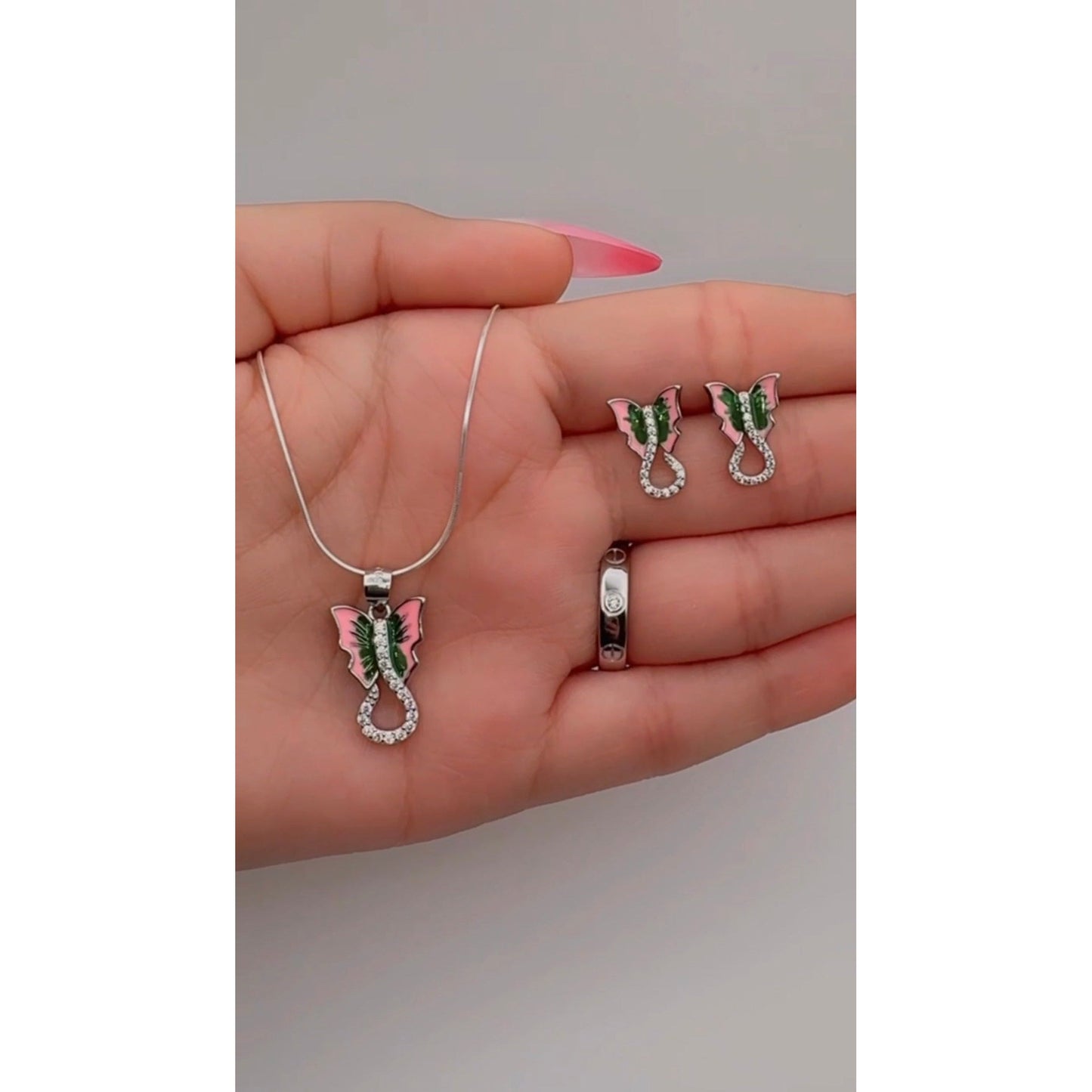 ✨ Premium Pure Silver 925 Pink Butterfly Pendant Set 🌸 | Necklace & Earrings with Crystal Accents ✨