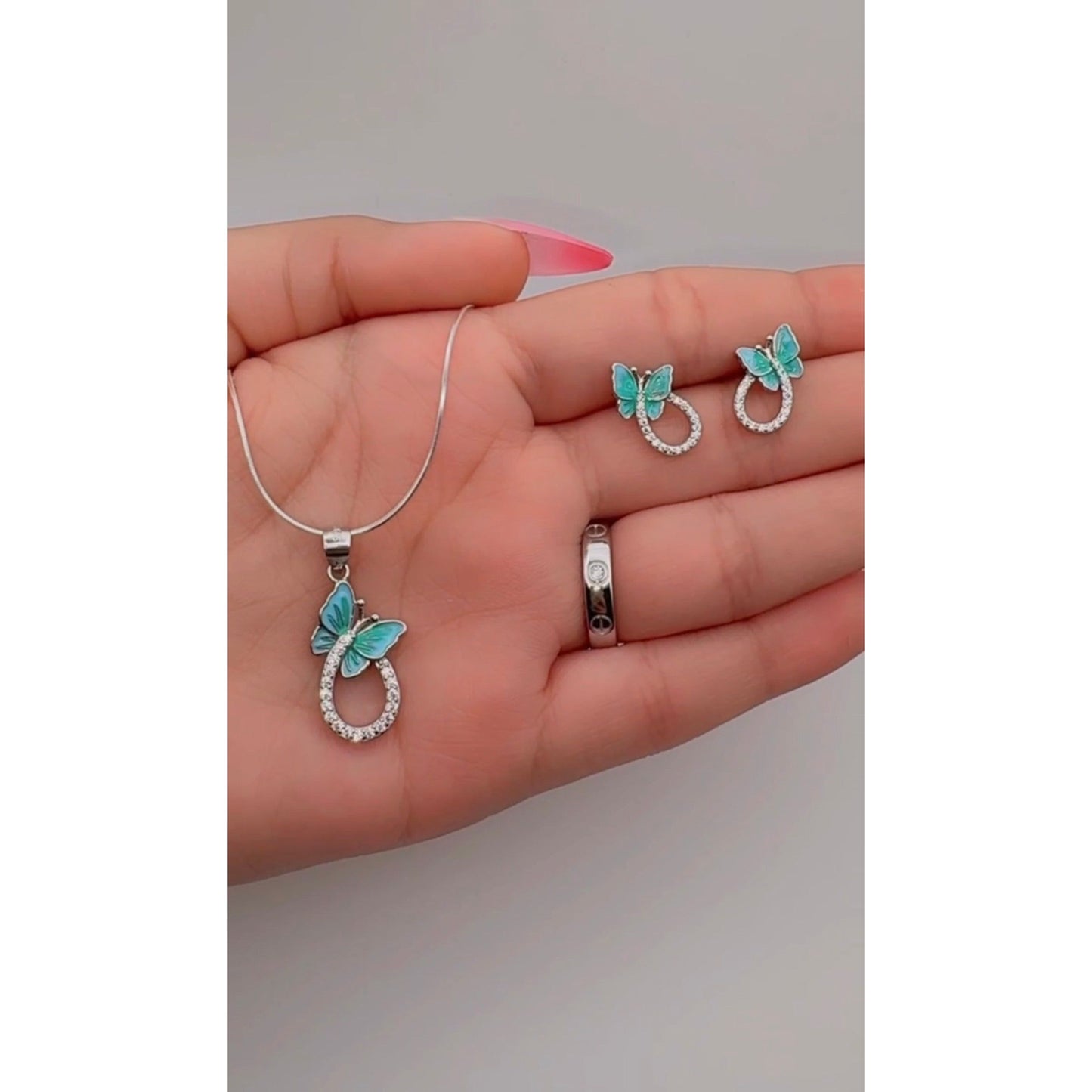 ✨ Premium Pure Silver 925 Aqua Butterfly Pendant Set 🦋 | Necklace & Earrings with Crystal Elegance ✨