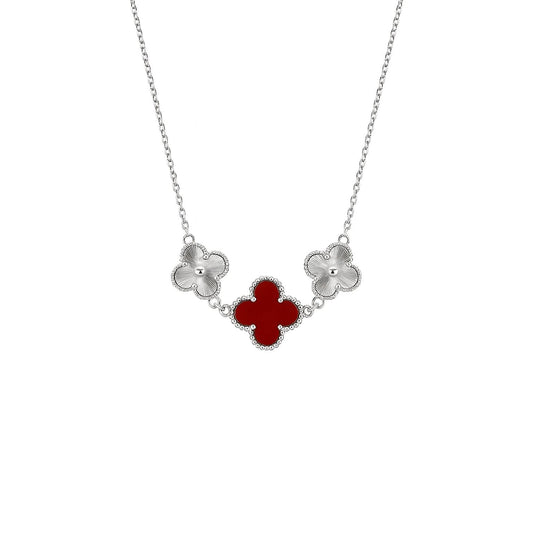 🌹 Premium Pure Silver 925 Clover Necklace with Red Stone & Floral Design ✨