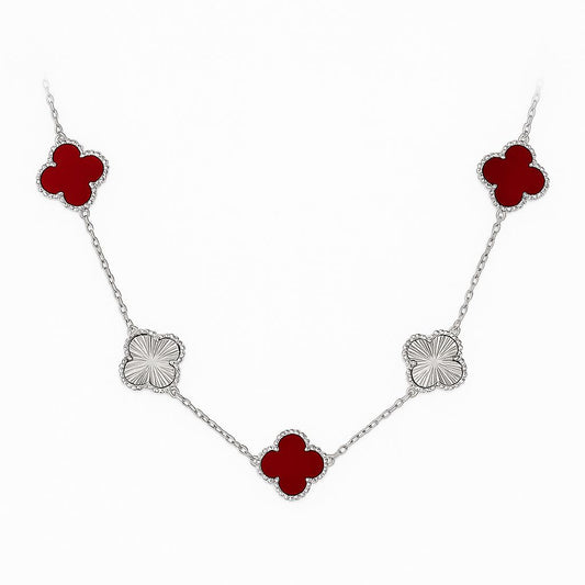 ❤️✨ 5 Clover Necklace – Red & Silver Design in Pure 925 Sterling Silver 🍀
