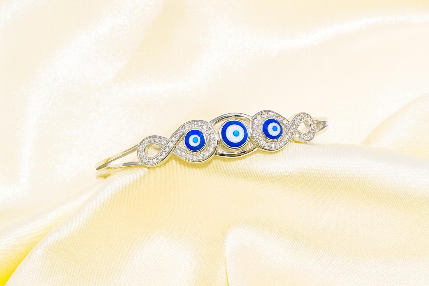 ✨ Premium 925 Silver Evil Eye Bangle Bracelet 🔵💎 | Infinity Protection Design