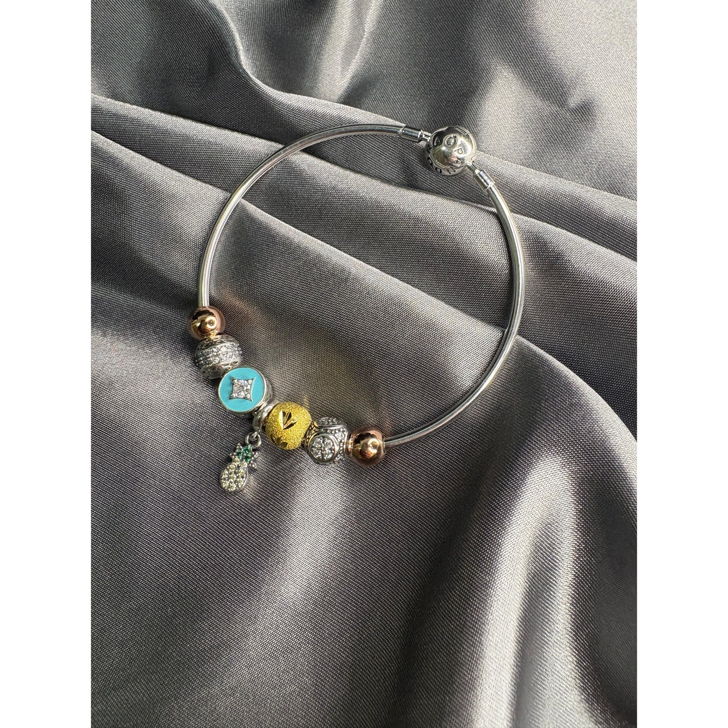 ✨ Premium 925 Silver Charm Bracelet with Pineapple Pendant & Mixed Charms ✨